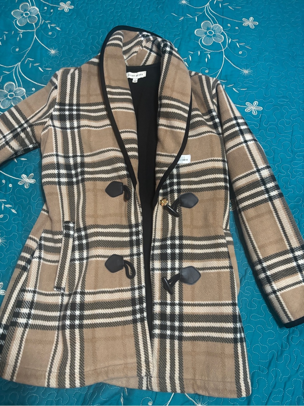 Womens Tan Plaid Toggle Coat - Classic Checked Jacket
